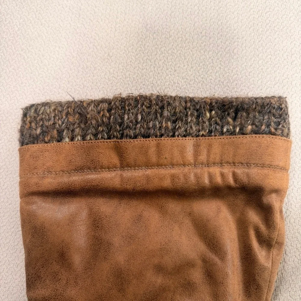 Torrid Slouchy Tall Boots 7W Womens Cognac Faux Leather Knit Cuff Buckle Detail